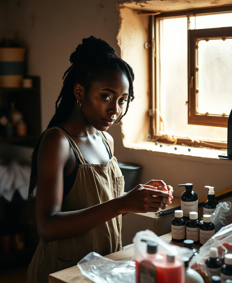 Entrepreneur packaging handmade products in her workshop